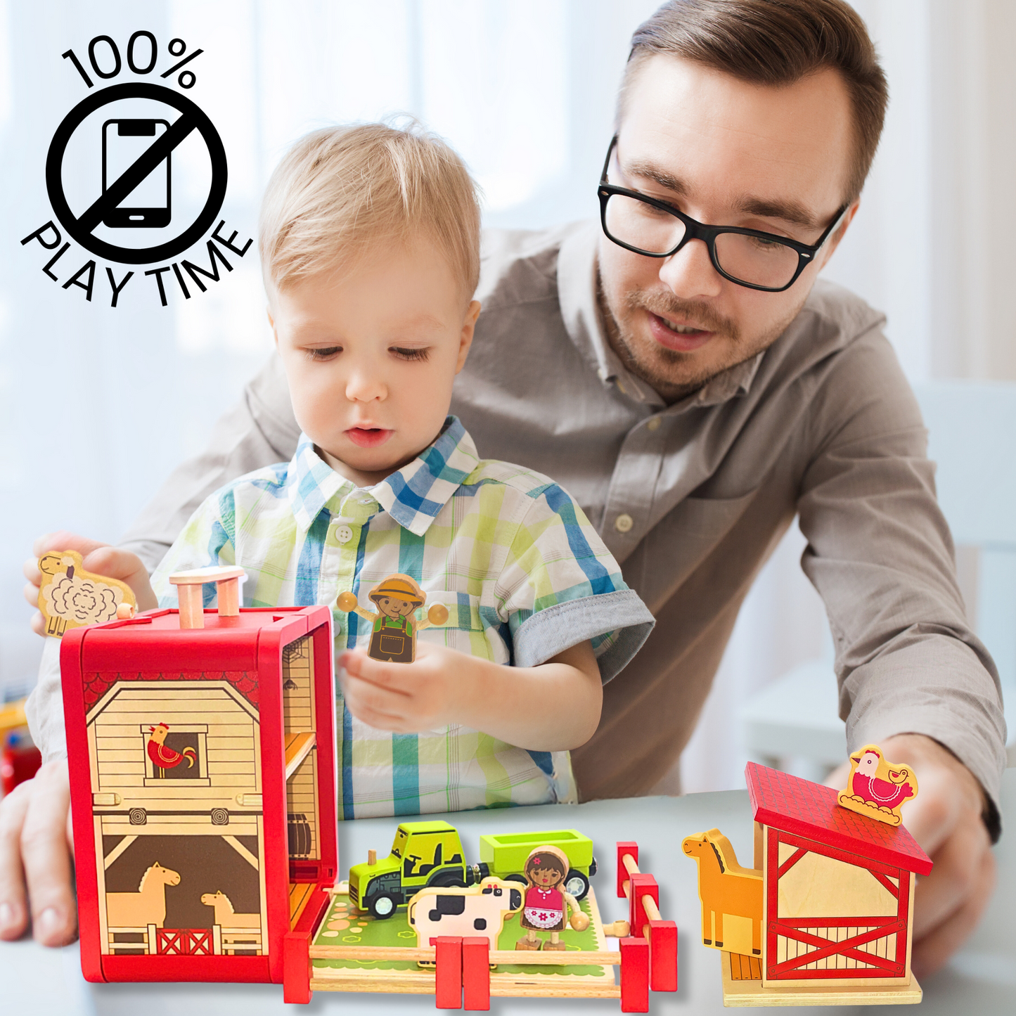 wooden barn farm toy tractor boy girl play portable playset toddler kid little people animals barnyard gender neutral toy horse cow chicken sheep animals farmers