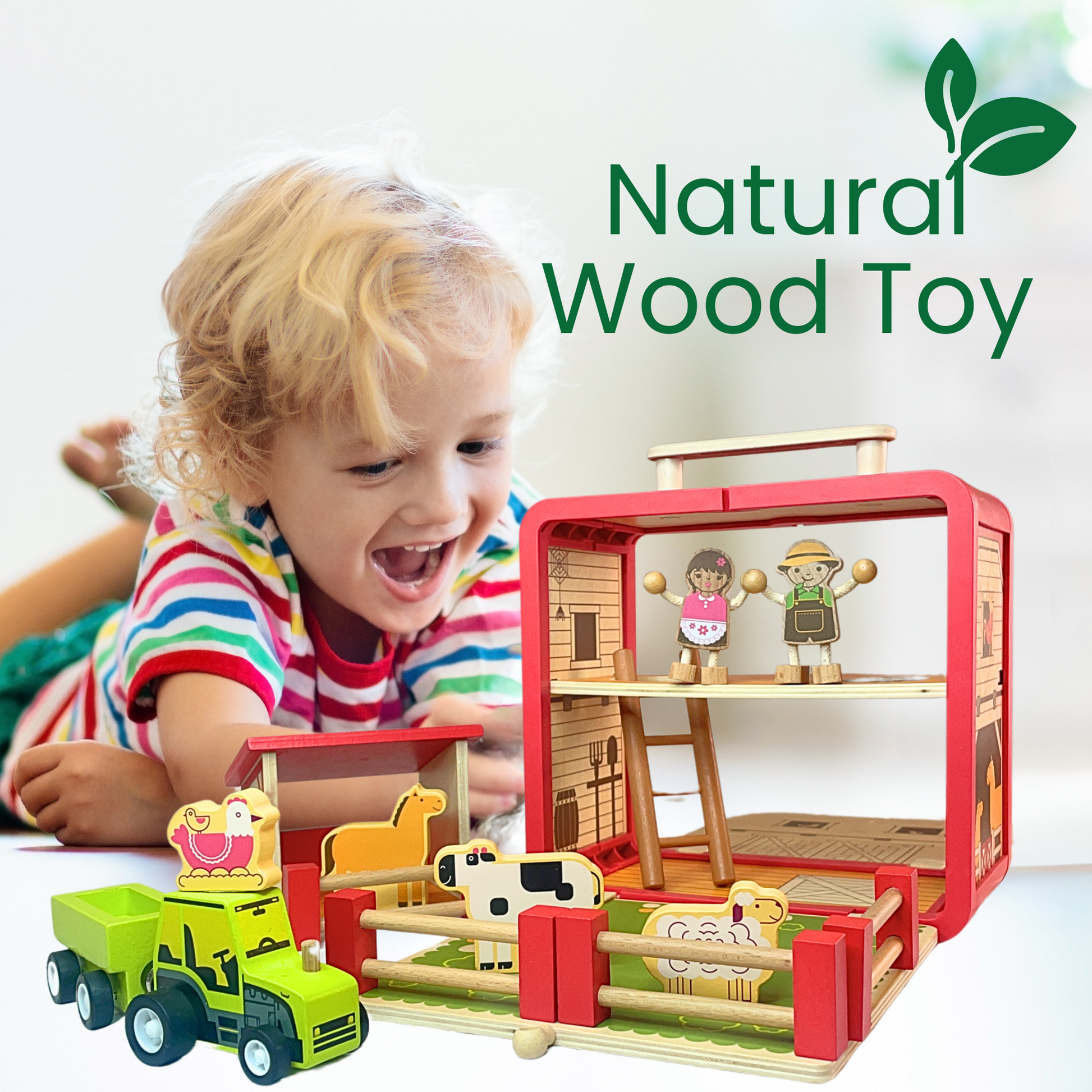 wooden barn farm toy tractor boy girl play portable playset toddler kid little people animals barnyard gender neutral toy horse cow chicken sheep animals farmers