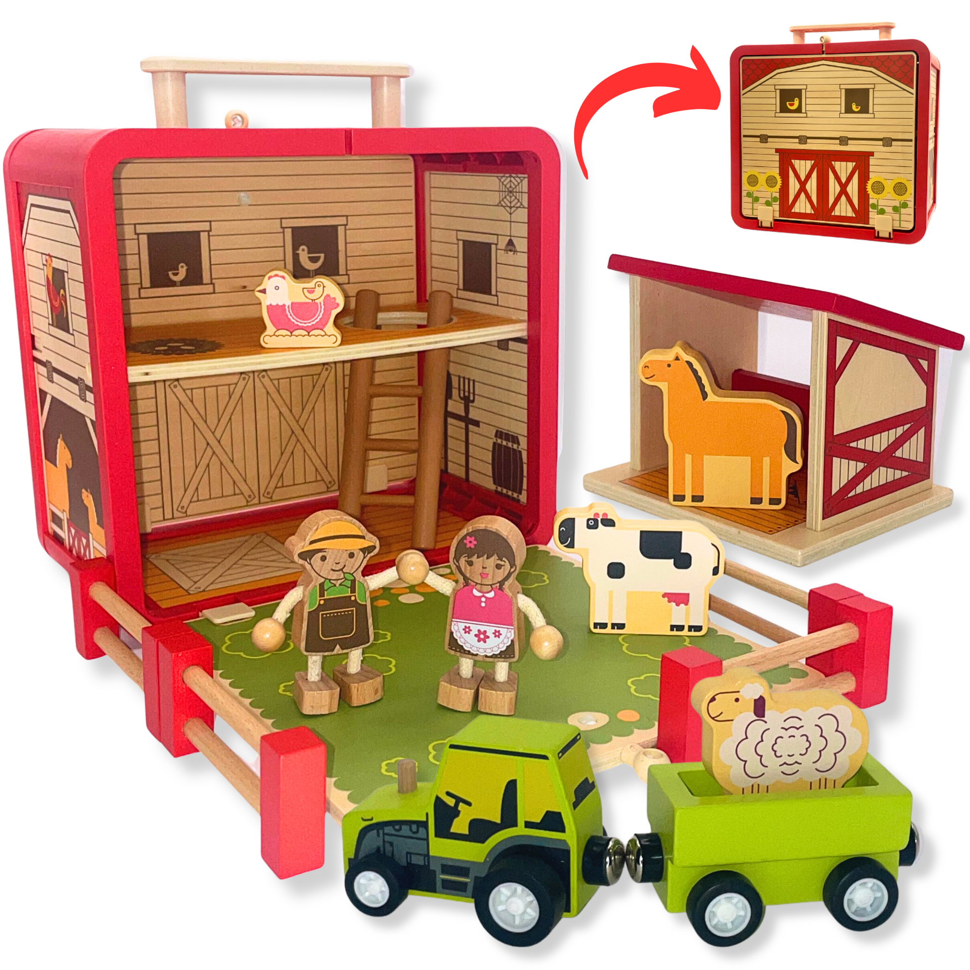 wooden barn farm toy tractor boy girl play portable playset toddler kid little people animals barnyard gender neutral toy horse cow chicken sheep animals farmers